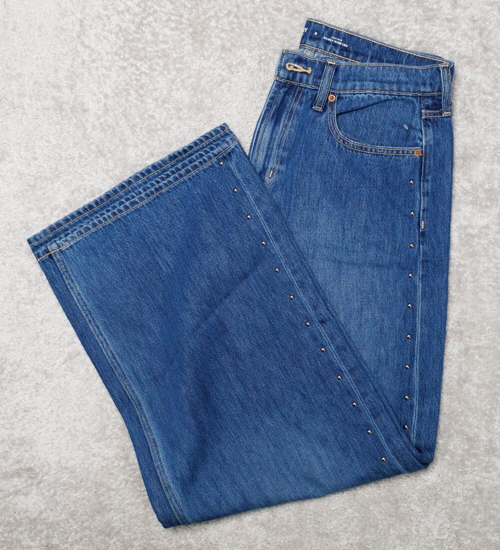 Old Navy Baggy Wide Leg High Rise Blue Denim Studs Jeans Womens Size 8 NWOT